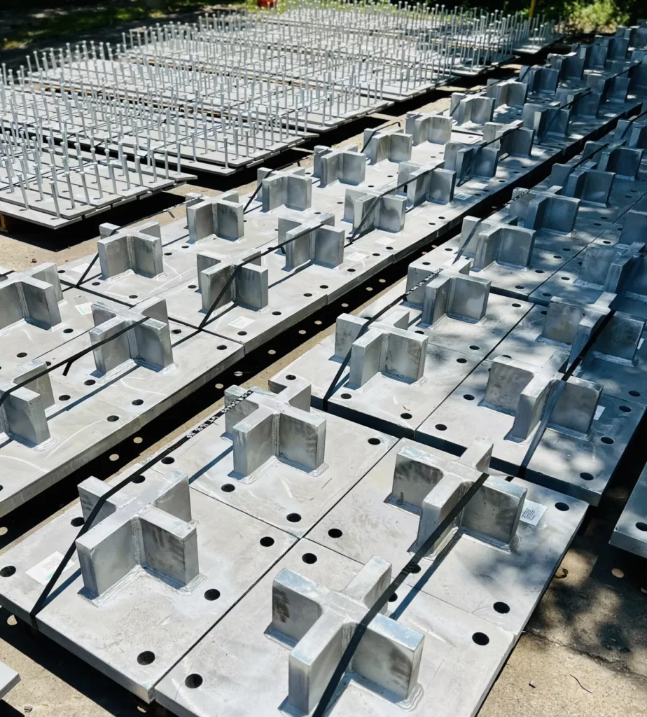 Galvanized steel embed plates with welded shear keys and corner bolt holes.