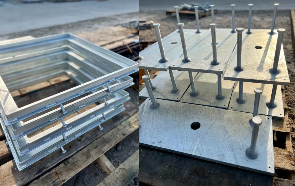 Galvanized steel embed frames and embed plates with headed stud anchors.